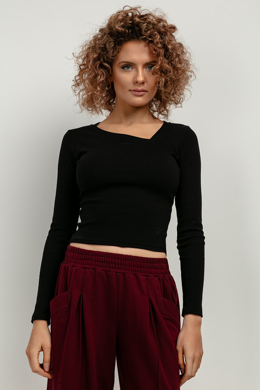 Krótka bluzka z dzianiny prążkowej, T420, czarna