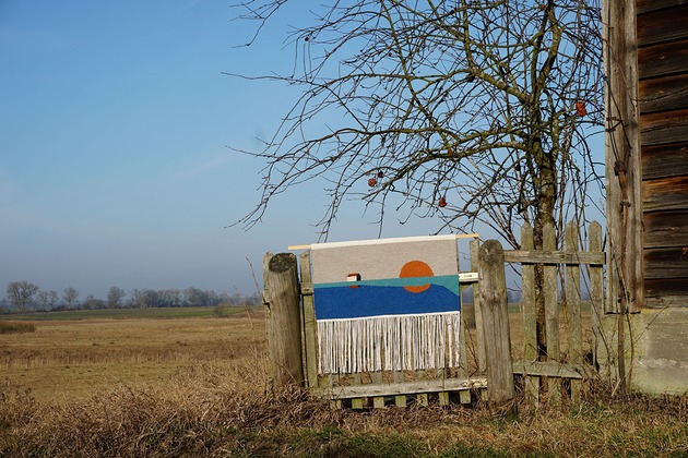 Ręcznie tkany kilim - wełniana makatka - REFLEKSJA w niebieskim