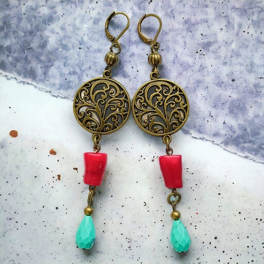 UNIKATOWE kolczyki : dłuuugie kolczyki w stylu etno : koral