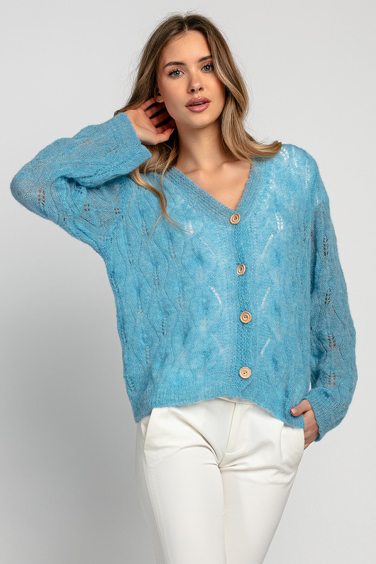 Delikatny kardigan mgiełka z wełny alpaki F1967 niebieski