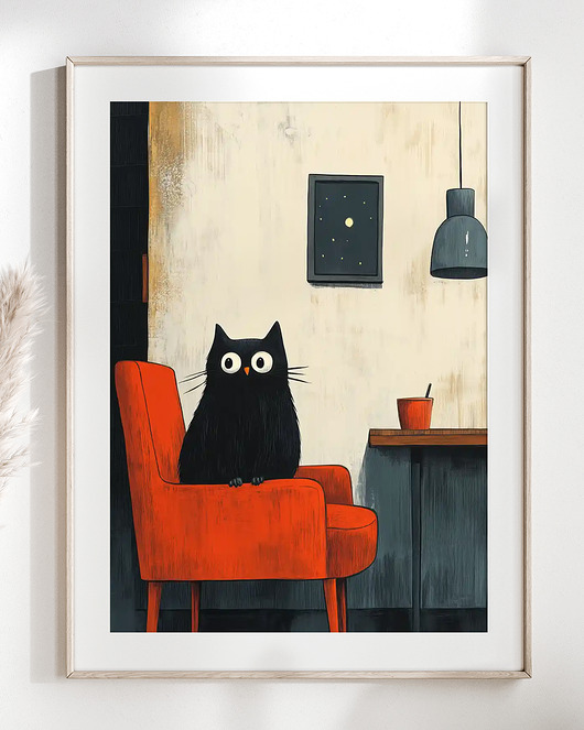 Plakat Czarny kot na czerwonym fotelu