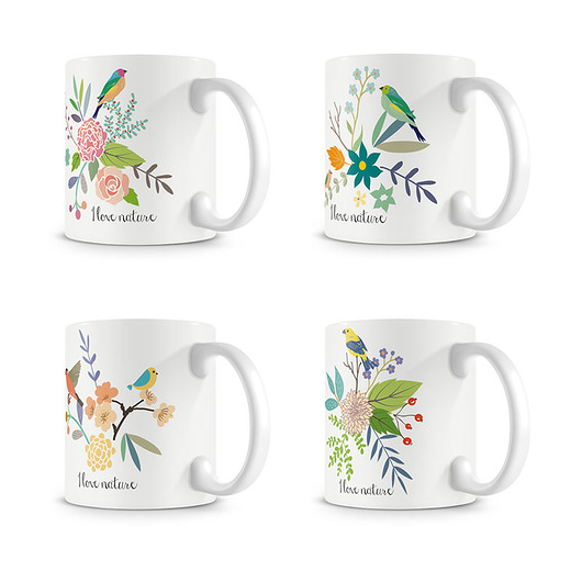 Zestaw 4 kubków. KWIATY I PTAKI