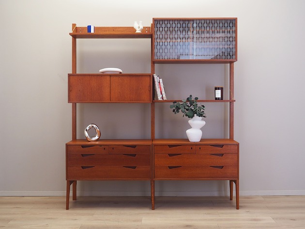 Regał systemowy tekowy, norweski design, lata 60, Kjell Riise, Br