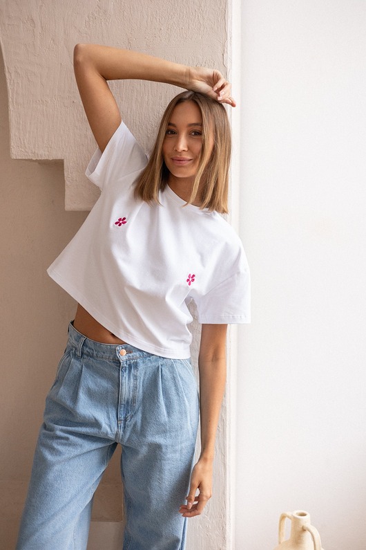 T-shirt Crop-Voila Biały Bratki