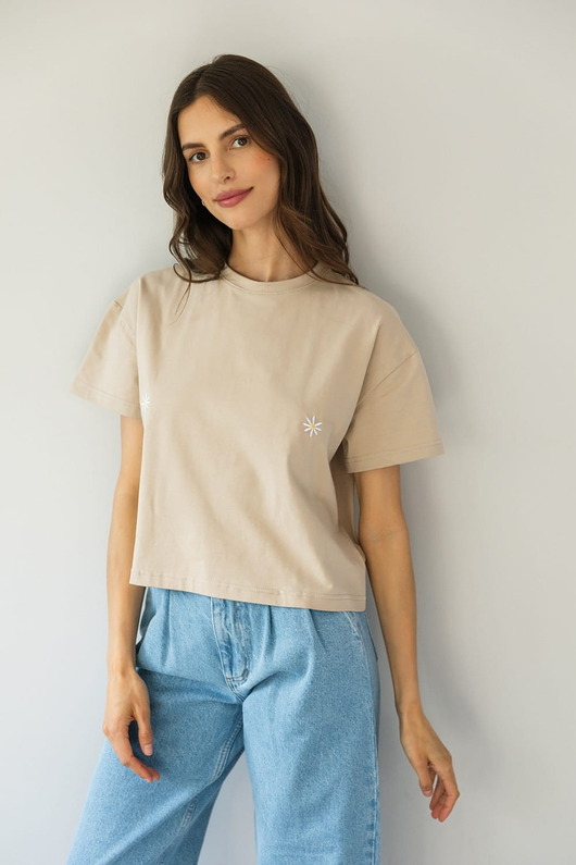 T-shirt Crop-Voila Hummus Białe Stokrotki