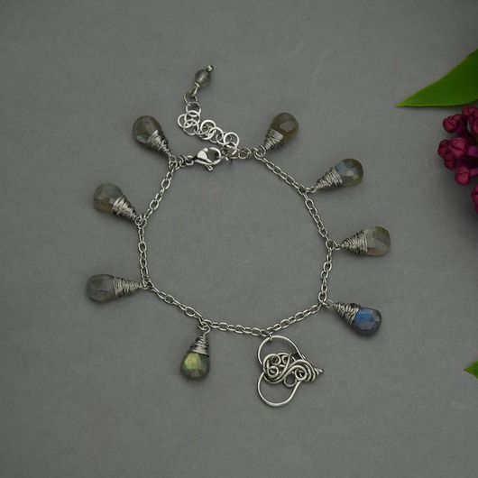 Bransoletka regulowana serce kolorowe labradoryty wire wrapping