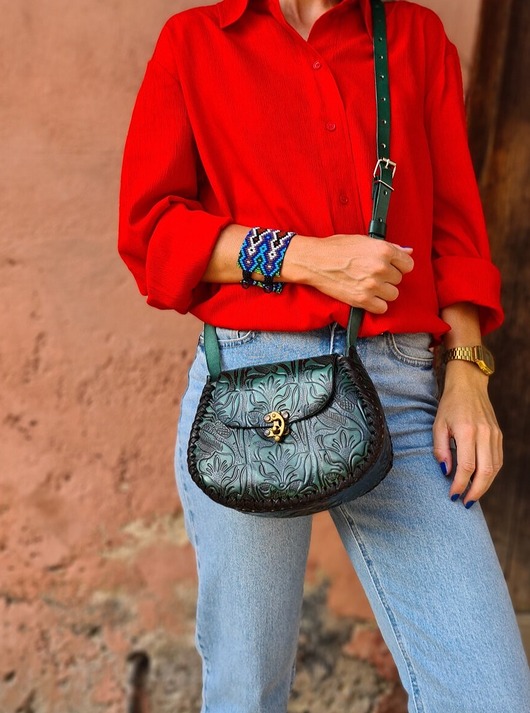 Torebka skórzana Julia ciemnozielona kwiaty ręcznie robiona