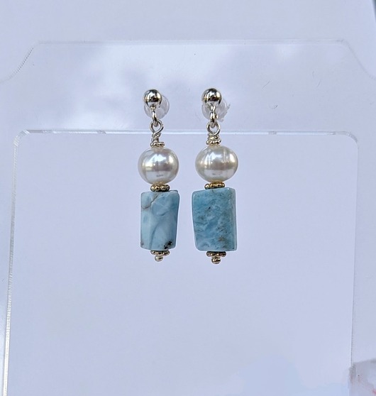 Kolczyki srebrne larimar z perłą