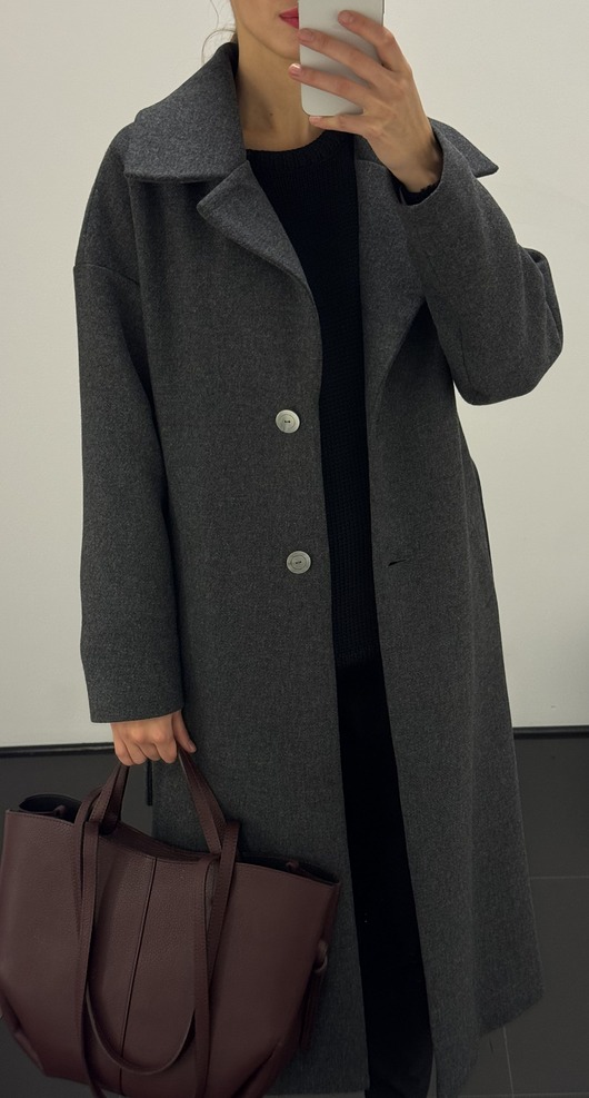 Długi wełniany szary grafit smukły elegancki płaszcz