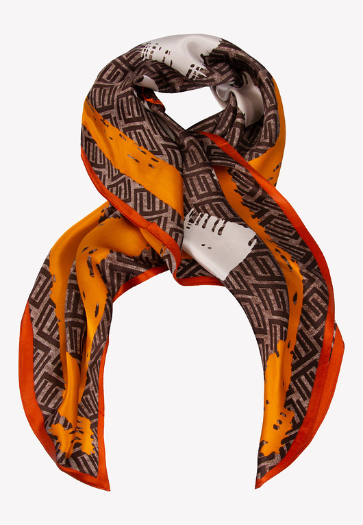 Duża apaszka damska jedwabna brązowa we wzory geometryczne