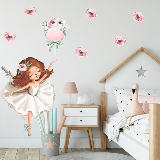 Baletnica z Balonikiem i Kwiatami Naklejka na ścianę