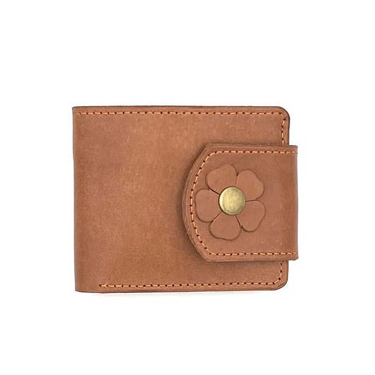 Jasno-brązowy damski portfel skórzany ręcznie uszyty na bilon.