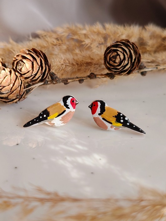 Kolczyki szczygły z wizerunkiem ptaszka akcesoria dla ornitologa,boho