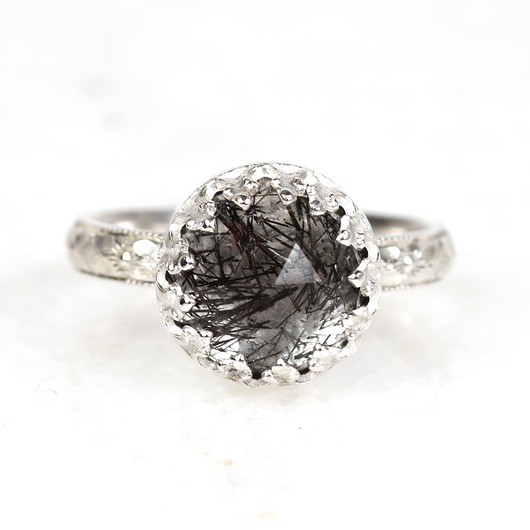 Srebrny pierścionek Princess z kwarcem z turmalinem w stylu Vintage