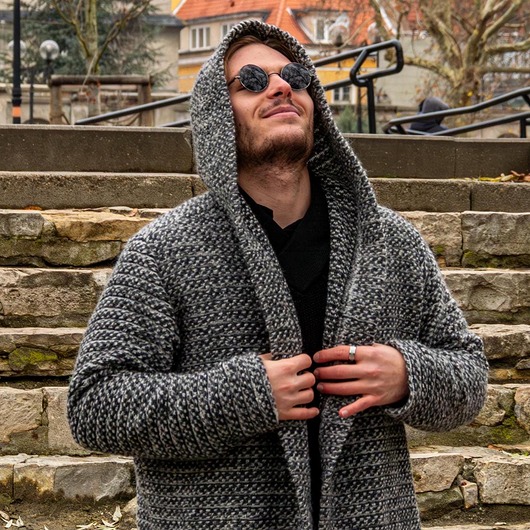 Męski Szary Ciepły Wełniany Kardigan Z Kapturem. Świetny Prezent Dla Niego.