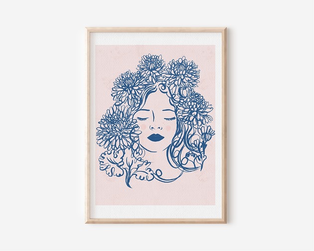 Plakat botaniczny - dziewczyna z chryzantemami