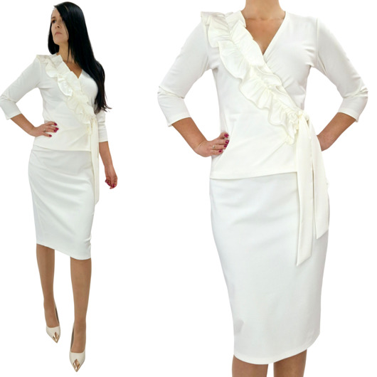 Elegancka śmietankowa sukienka-garsonka draperia r 36-56