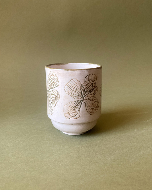 Lekki Ceramiczny Kubek, Zielony Kwiatowy Wzór, Retro