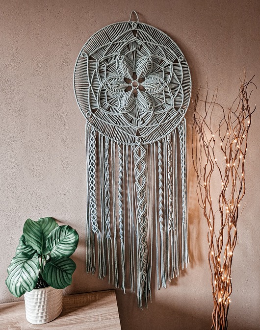 Duży łapacz snów, makrama, mandala flower 50 cm - szaromięta