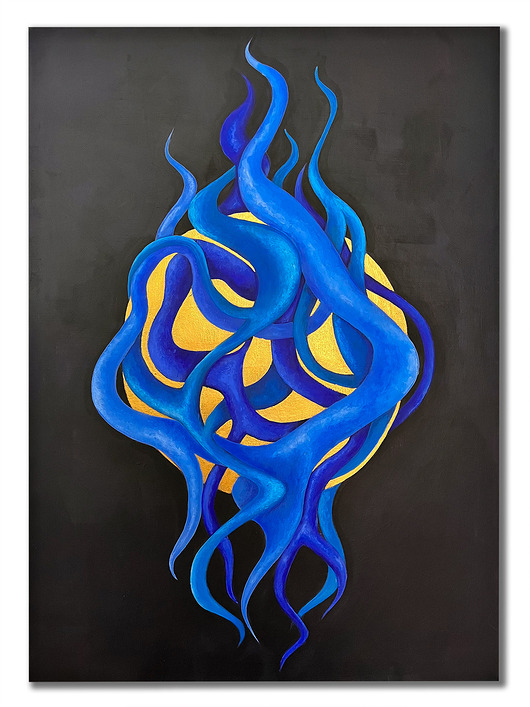 Enslaved I - organiczny obraz, niebieskie macki, złoto, 50x70 cm
