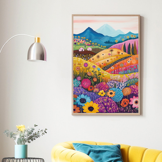 Plakat Sielski krajobraz z chatkami, kolorowymi polami i górami