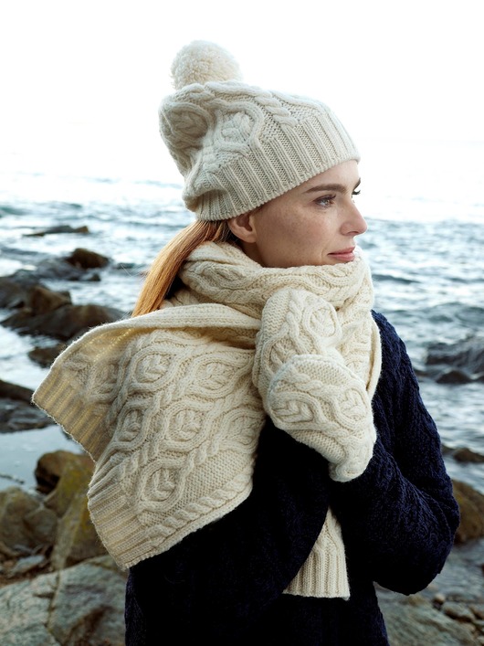 Zestaw CZAPKA + SZALIK + RĘKAWICZKI - 100% wełna Merino - Kremowy