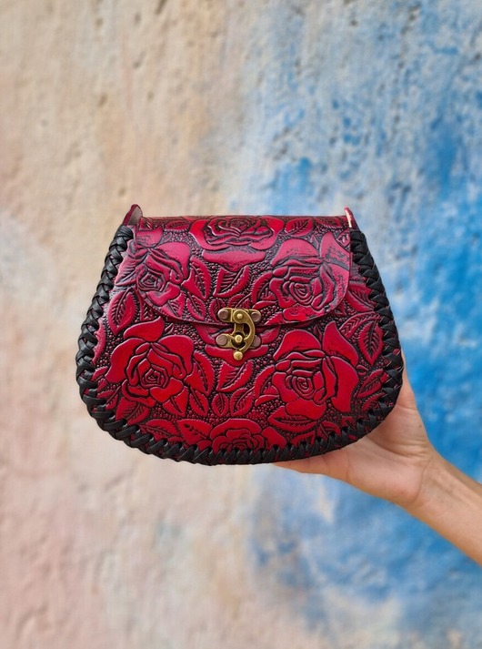 Torebka skórzana ręcznie robiona Flores Ciemnoróżowa