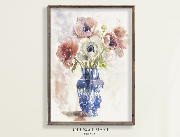 Plakat Vintage Anemony w wazonie