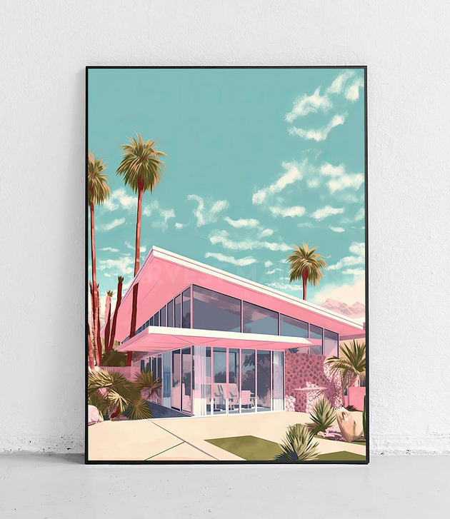 Plakat Różowy dom pod palmami