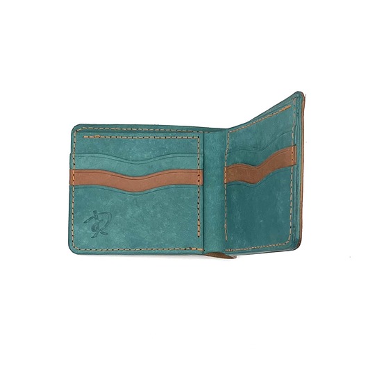 Brązowo - zielony portfel skórzany ręcznie uszyty.