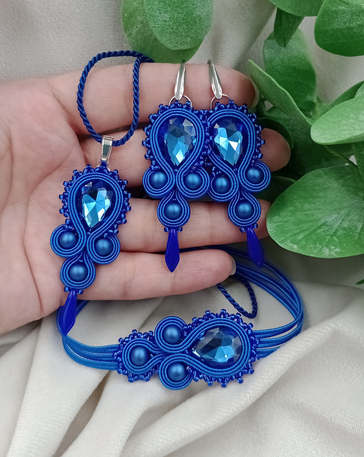 Kobaltowa biżuteria sutasz, niebieski komplet zestaw soutache