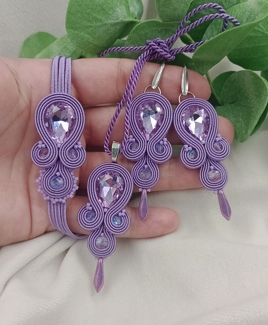 Lawendowa biżuteria sutasz, fioletowy komplet zestaw soutache