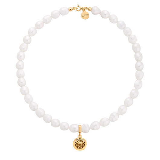 Złoty naszyjnik z pereł naturalnych z medalionem z kwiatkiem