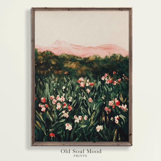 Plakat Vintage Kwiaty z Górami Krajobraz