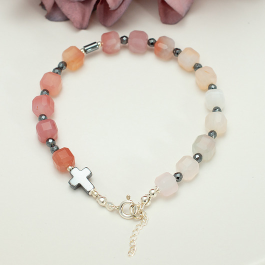 Różaniec na rękę, dziesiątka różaniec, różowy agat, SREBRO