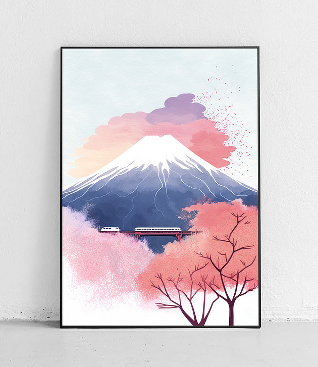 Plakat Góra Fuji z kwitnącymi drzewami i pastelowym niebem