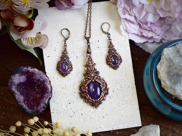 Wiktoriański miedziany zestaw - kolczyki i wisiorek z ametystem