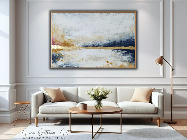 SZEPT KOLORU Abstrakcyjny obraz ze złotem, ręcznie malowany, 100x70 cm