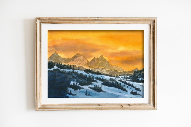 Złota godzina, górski pejzaż - akwarela A4