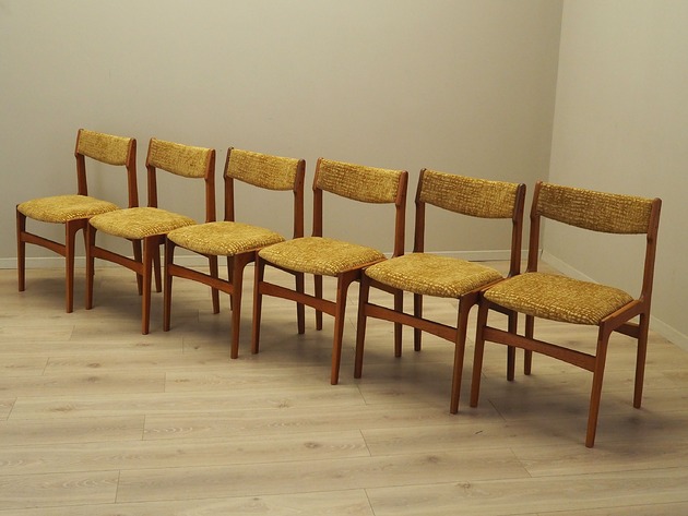 Komplet sześciu krzeseł tekowych, duński design, lata 70, produkcja: Dania