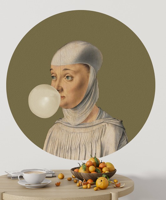 Mural DOTS Kobieta z Gumą Balonową OLIWKOWY- okrągła dekoracja ścienna