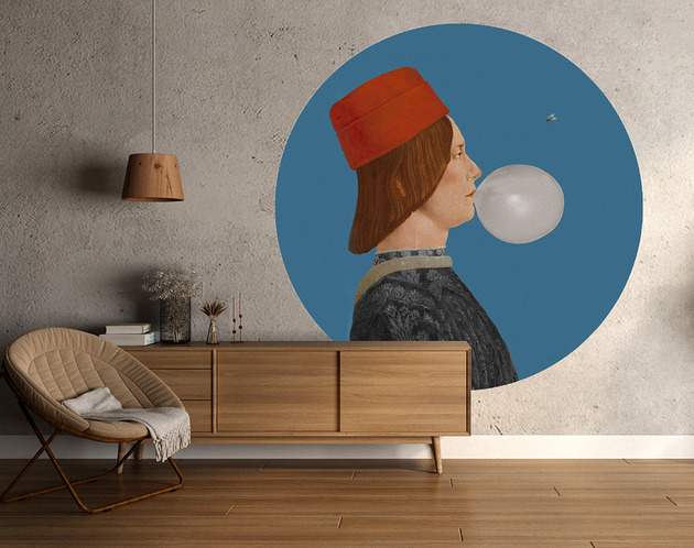 Mural DOTS Młodzieniec z muchą NIEBIESKI- okrągła dekoracja ścienna
