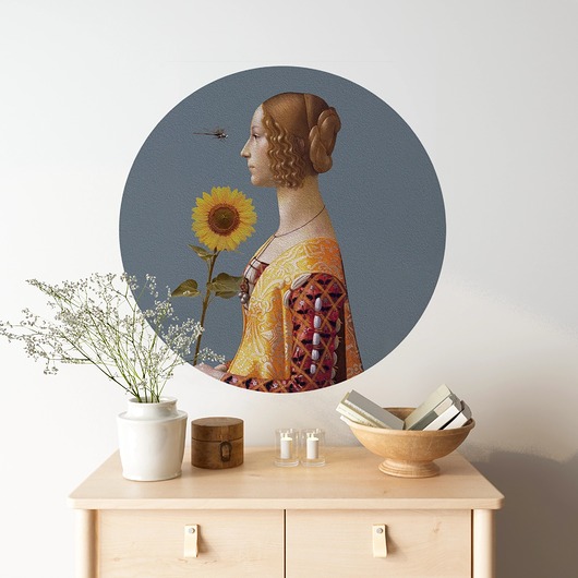 Mural DOTS Kobieta ze słonecznikiem NIEBIESKI- okrągła dekoracja ścienna