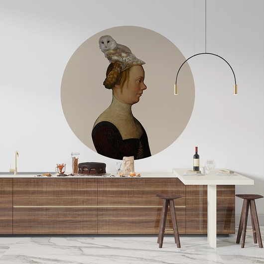 Mural DOTS Kobieta z sową BEŻOWY- okrągła dekoracja ścienna