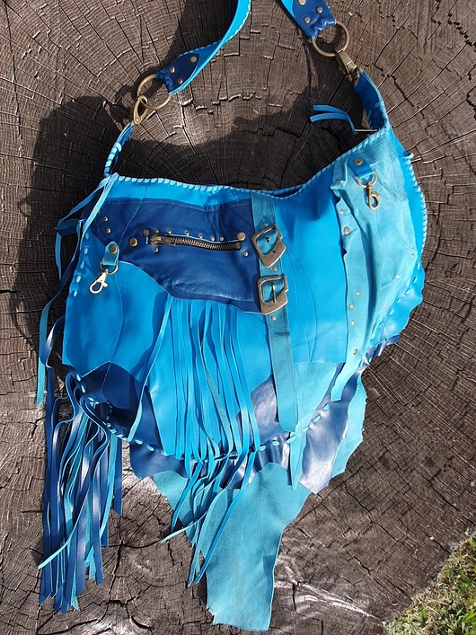 Duża skórzana niebieska torebka boho