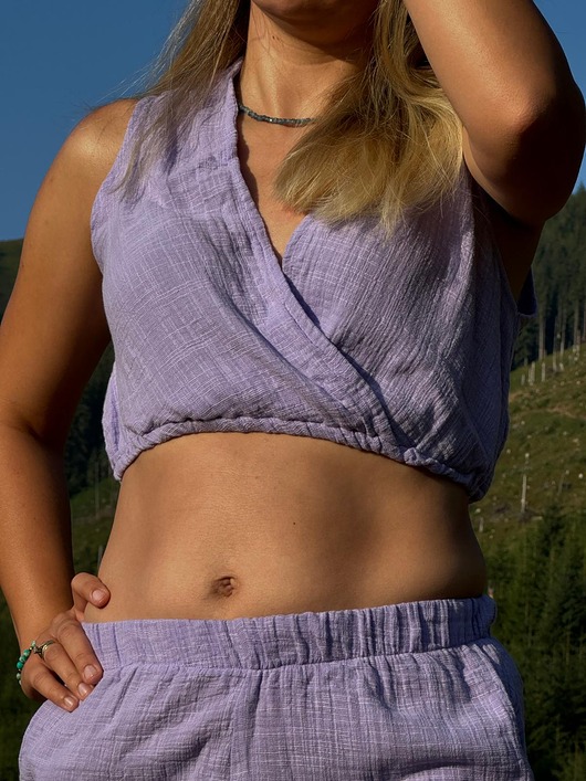 Fioletowy top BOHO z lnianego muslinu