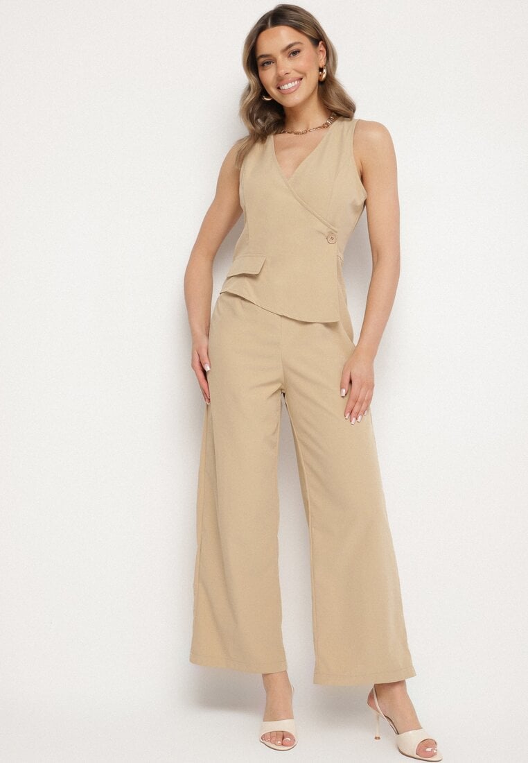 Beżowy Kombinezon Taliowany Elegancki Asymetryczny z Dekoltem V Nevosse