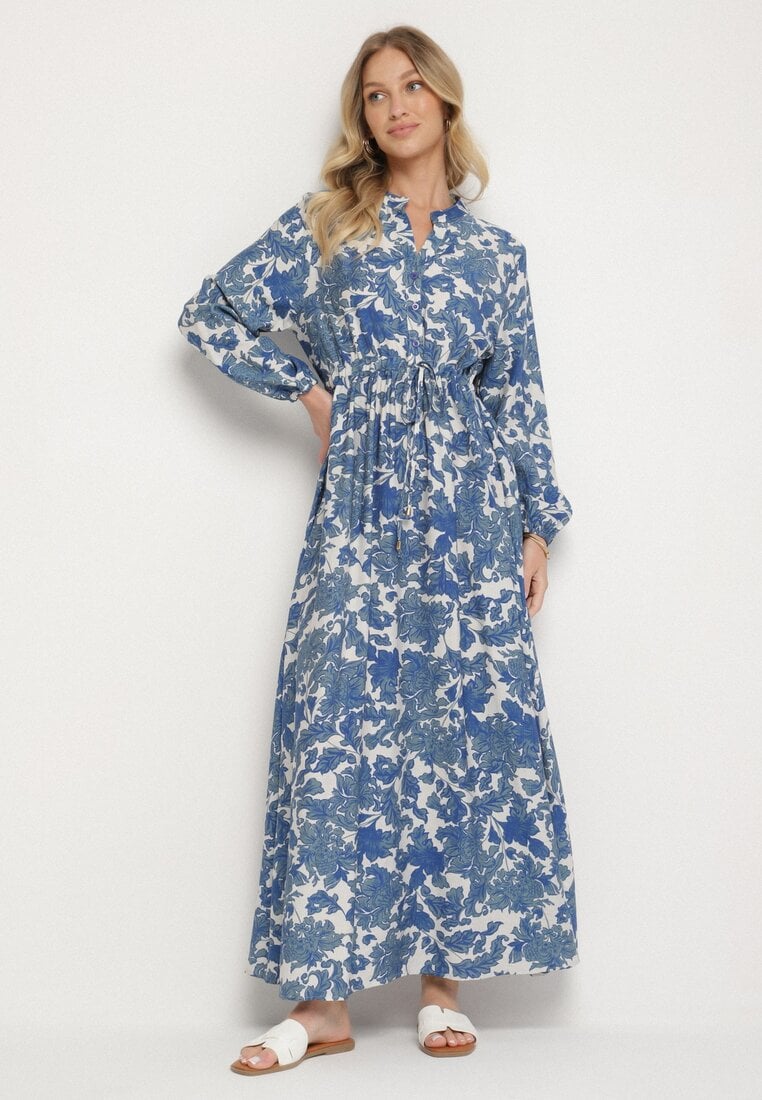 Niebieska Rozkloszowana Sukienka z Wiskozą w Kwiatowy Wzór Filirelle
