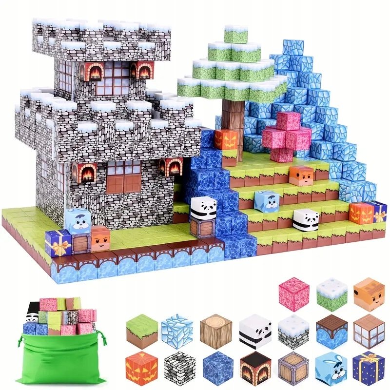 KLOCKI MAGNETYCZNE 3D ZIMOWY ZAMEK DRZEWA BUDYNKI MOTYW ZIMY 100 SZTUK