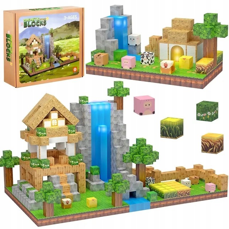 KLOCKI MAGNETYCZNE 3D STEM MINECRAFT FARMA 138 ELEMENTÓW BLOKI DRZEWA WODA